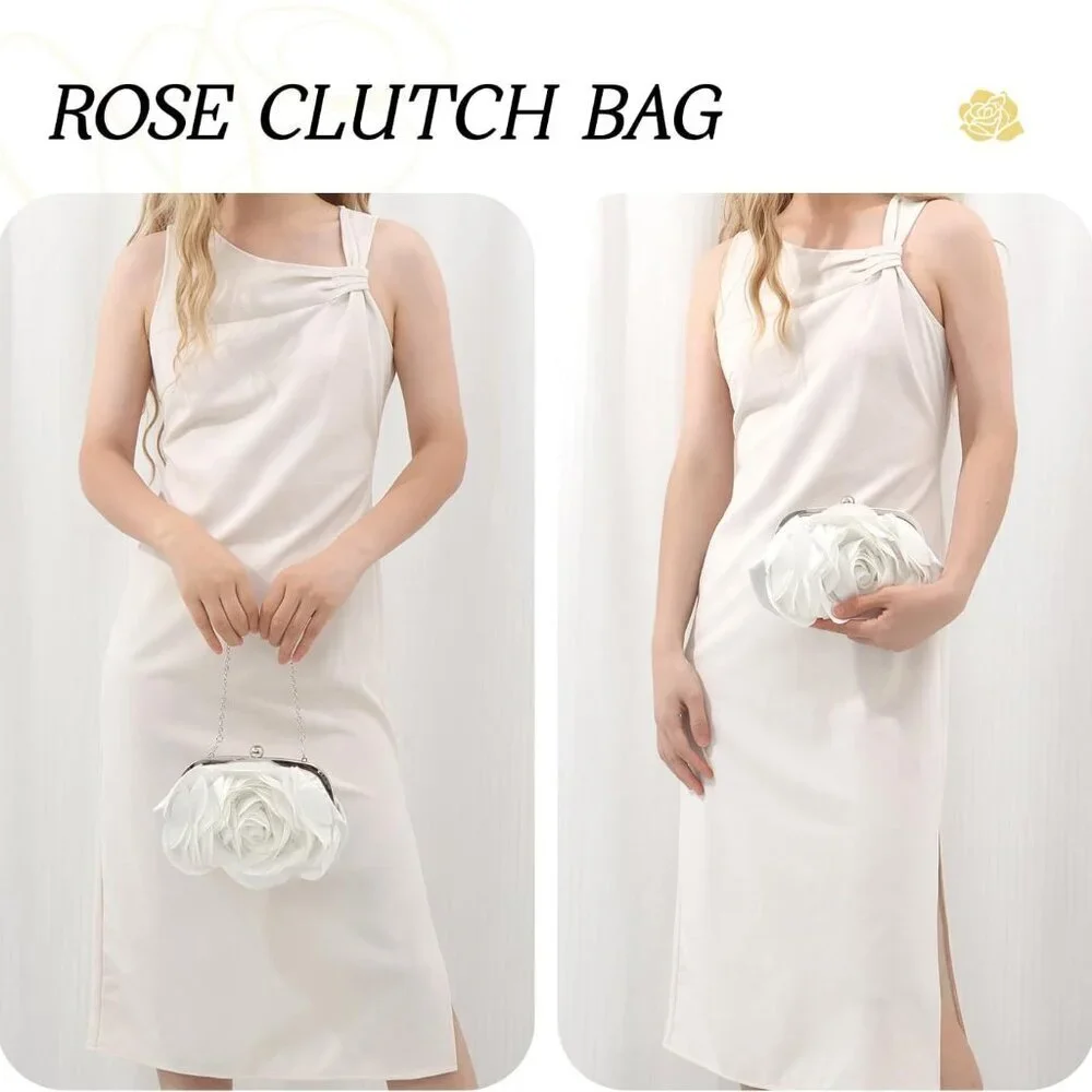 Floral Satin Clutch Purse Women Rose Evening Bag with Chain for Party